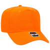An orange 5 panel mid crown baseball cap with a structured design and a logo.