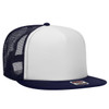 A high crown trucker cap in navy and white with a mesh back and a logo on the front.