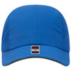 A reflective blue six-panel running cap with a branded label on the front.