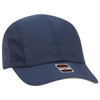 A reflective six-panel running cap in navy with a logo on the front and a lightly structured design.