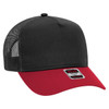 A black and red 5 Panel Mid Profile Trucker Cap with a mesh back and a logo tag on the front.