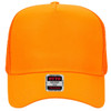 An orange 5 panel mid-profile trucker cap with a structured front and mesh sides, featuring a logo.