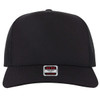 A black 5 panel mid profile trucker cap with a mesh back and a logo patch on the front.