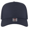 A navy 5 panel mid profile trucker cap featuring a mesh back and a branded label on the front.