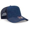 A denim blue 5 Panel Mid Profile Trucker Cap featuring a mesh back and a logo on the front.
