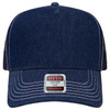 A navy blue 5 panel mid-profile trucker cap featuring a mesh back and a logo label on the front.