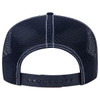 A 5-panel mid-profile trucker cap featuring a navy blue colour with a mesh back and an adjustable snap closure.
