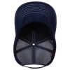 A 5 panel mid profile trucker cap in denim blue with a mesh back and an inner lining visible.