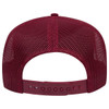 A maroon 5 panel mid profile trucker cap featuring a mesh back and an adjustable strap.
