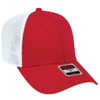 A red and white 6 panel low profile trucker cap featuring a logo on the front and a mesh back.