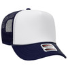 A navy and white five-panel high crown trucker cap featuring a mesh back and a logo patch.