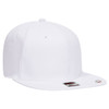 A white 6-panel mid profile snapback cap with a flat brim and a logo on the side.