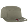 A 5 panel camper hat in olive green with a flat brim and a logo on the side.