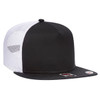 A black and white Otto Snap 5 Panel Trucker Cap with a flat brim and mesh back, featuring a logo.
