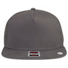 A grey 5 panel mid profile trucker cap featuring a flat brim and a mesh back, with a logo on the front.