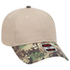 A beige baseball cap with a camouflage patterned brim and a logo label on the side.