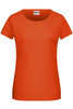 A vibrant orange ladies’ T-shirt with a round neckline and short sleeves. It features a logo on the label.
