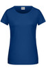 A blue ladies T-shirt featuring a scoop neckline and short sleeves. The shirt has a logo on the label.