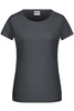 A grey women's T-shirt with short sleeves and a round neckline. The shirt features a branding logo.