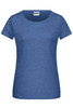 A blue ladies basic T-shirt with a round neckline and short sleeves. The shirt has a logo on the label.