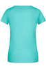A turquoise women's T-shirt with short sleeves and a crew neckline, featuring a logo.