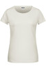 A light cream ladies' basic T-shirt with short sleeves and a round neckline. It features a logo at the label.