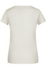 A light grey ladies' T-shirt with short sleeves, featuring a logo on the back.