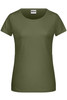 A ladies basic T-shirt in olive green with a scoop neckline and short sleeves. It features a small logo.