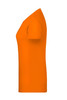 An orange basic T-shirt in a side view, featuring short sleeves and a simple design. It has a logo on it.