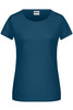 A navy blue ladies T-shirt with a round neck and short sleeves, featuring a logo on the label.