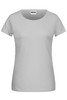 A grey ladies' basic T-shirt with a round neckline and short sleeves. It features a branding logo.