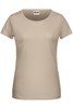A beige ladies' basic T-shirt with short sleeves and a round neckline, featuring a logo.