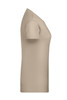 A beige ladies' T-shirt displayed from the side, featuring short sleeves and a fitted silhouette. It has a logo.