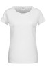 A plain white ladies' T-shirt with a round neck and short sleeves, featuring a logo on the label.