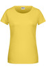 A yellow short-sleeved women's T-shirt with a round neckline and a logo tag.