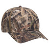 A camo-patterned 6 panel low profile baseball cap featuring shades of green and brown. It has a logo on the side.