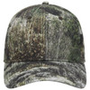 A camo 6-panel low profile baseball cap featuring a green and brown camouflage pattern. It has a logo on the front.