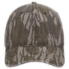 A camouflage 6 panel low profile baseball cap in earthy tones with a logo on the front.