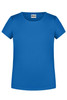A blue T-shirt with a round neckline and short sleeves. It has a logo on the front.