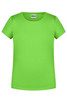 A vibrant green T-shirt with a round neckline and short sleeves, featuring a logo on the label.