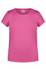 A plain pink t-shirt with a round neckline and short sleeves. It features a branding logo on the label.