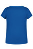 A blue T-shirt with short sleeves and a rounded neckline, featuring a plain back design.