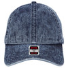 A denim blue 6-panel low profile dad cap featuring a logo on the front.
