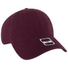 A maroon 6 panel low profile style dad cap featuring a branding logo on the front.