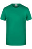 A green t-shirt with a round neck and short sleeves, featuring a logo on the label at the neckline.