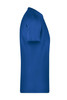 A blue men's T-shirt featuring a short sleeve design and a logo on the side.