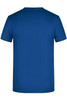 A blue men's T-shirt with a round neck and short sleeves, featuring a logo on the back.