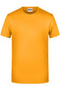 A plain orange T-shirt with a round neck and short sleeves, featuring a logo on the label.