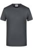 A grey t-shirt with a round neckline and short sleeves, featuring a small logo.