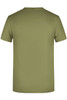 A plain olive green T-shirt featuring a crew neck and short sleeves, with a branding logo on the back.